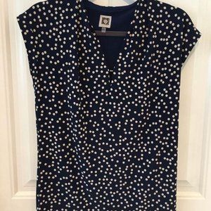 Anne Klein ~ Women's Navy and White Polka Dot Top ~ Size S